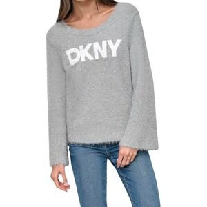 DKNY‎ Jeans Silver Sparkle Fuzzy Knit Long Sleeve Cropped Sweater Top M
